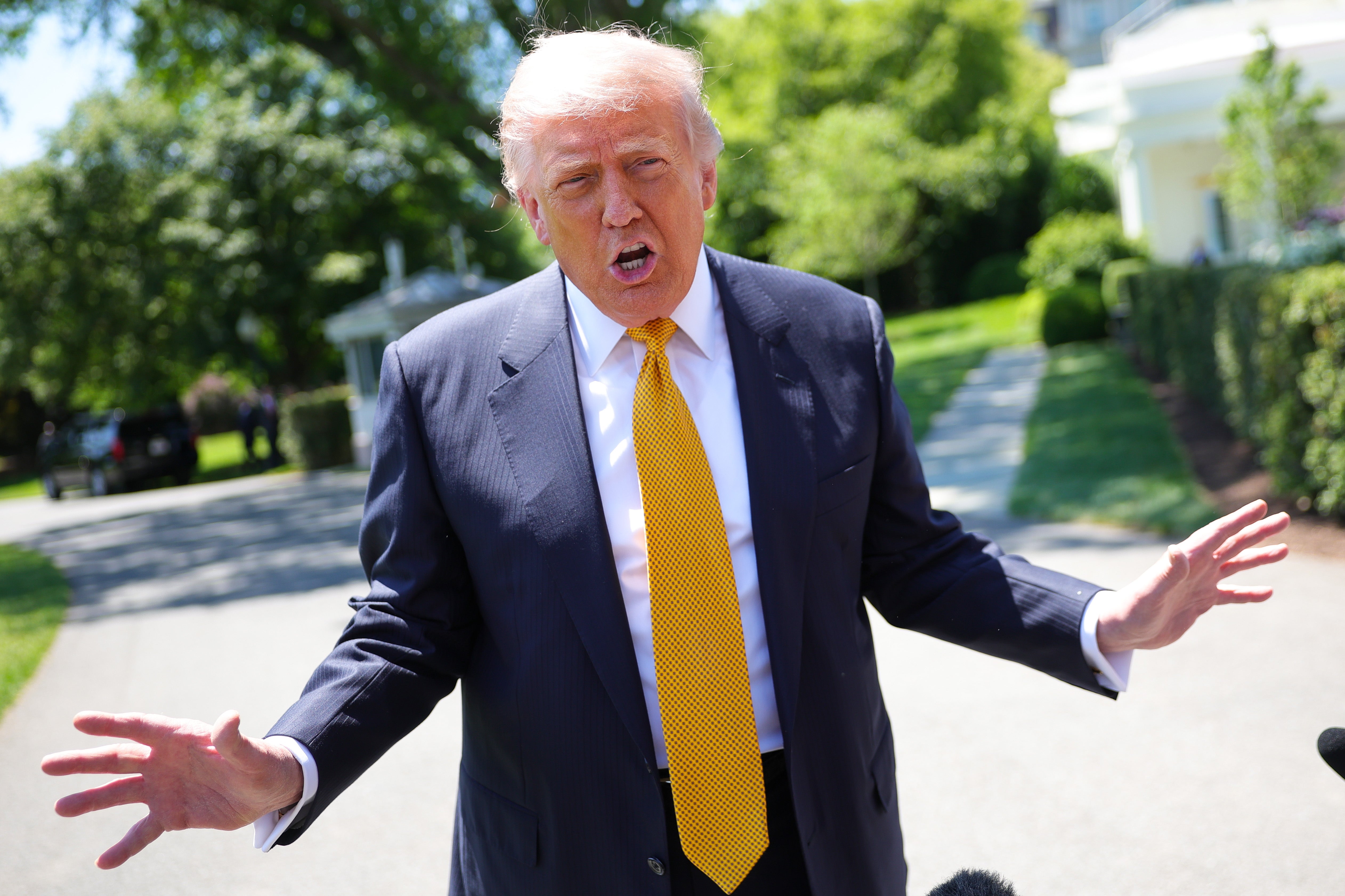 Man in a suit with a yellow tie speaks outdoors, gesturing with both hands. Trees and a path are visible in the background