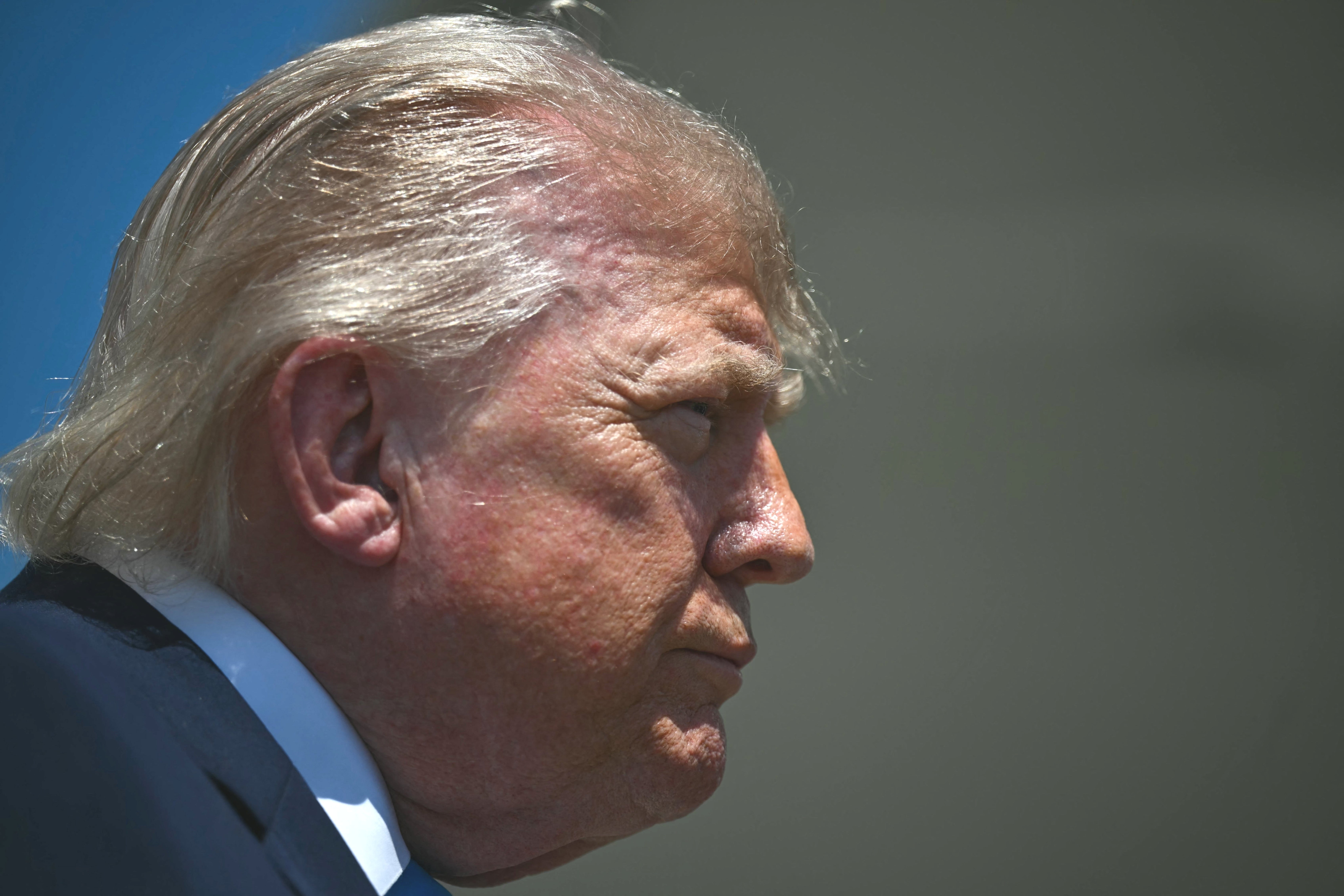Profile of Donald Trump with a serious expression, wearing a formal suit. Hair is wind-swept. The background is neutral