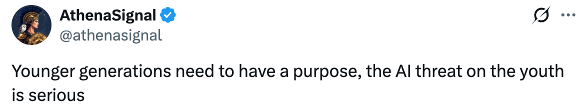 Tweet reads "Younger generations need to have a purpose, the AI threat on the youth is serious"