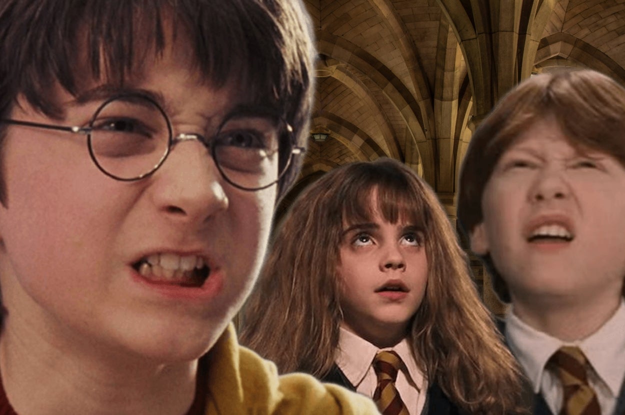 Three young students in school uniforms, with bewildered expressions, stand in a large hall with arched ceilings