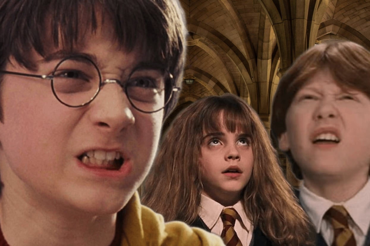 Three young students in school uniforms, with bewildered expressions, stand in a large hall with arched ceilings