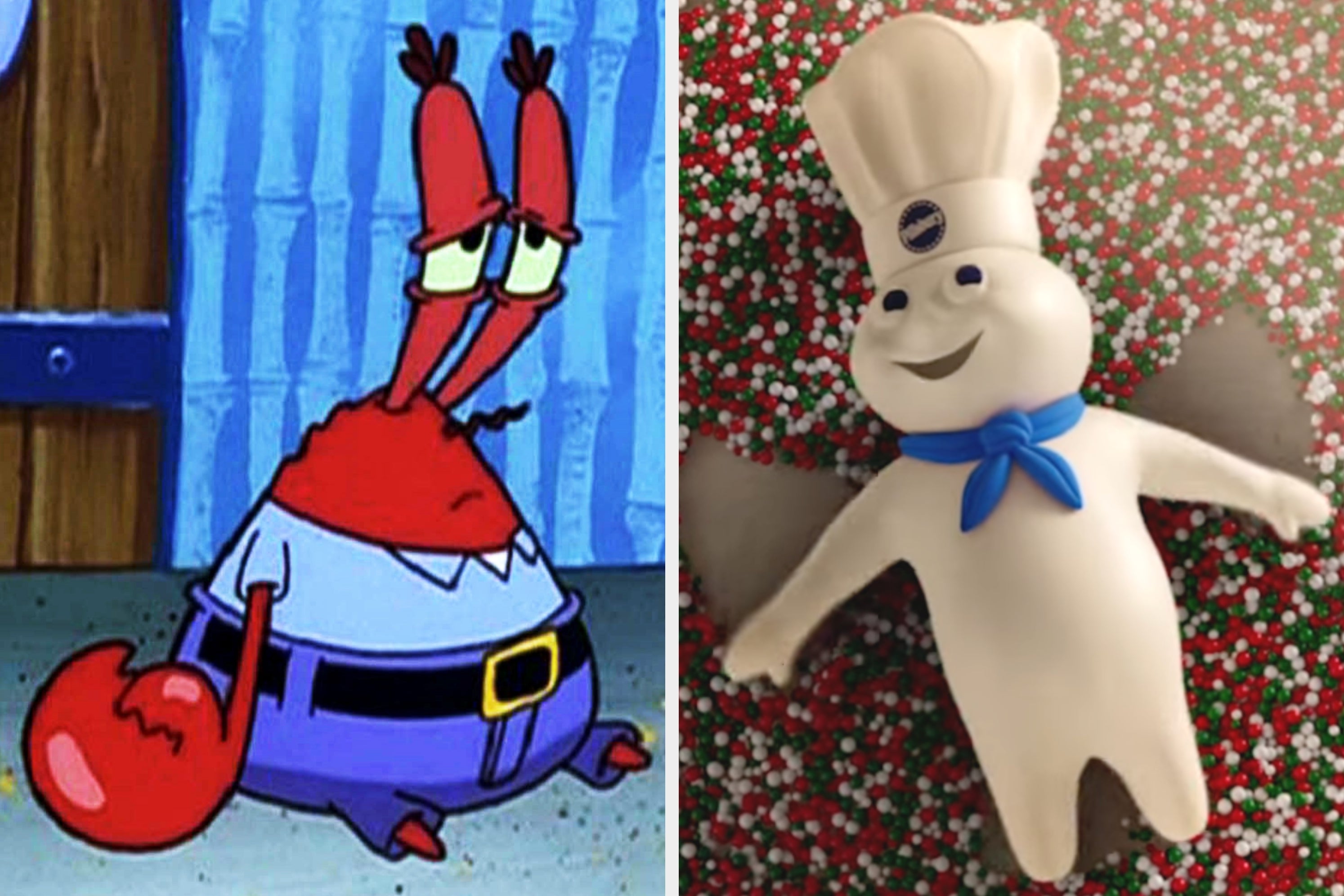 Cartoon character Mr. Krabs looks concerned next to a cheerful Pillsbury Doughboy with arms raised