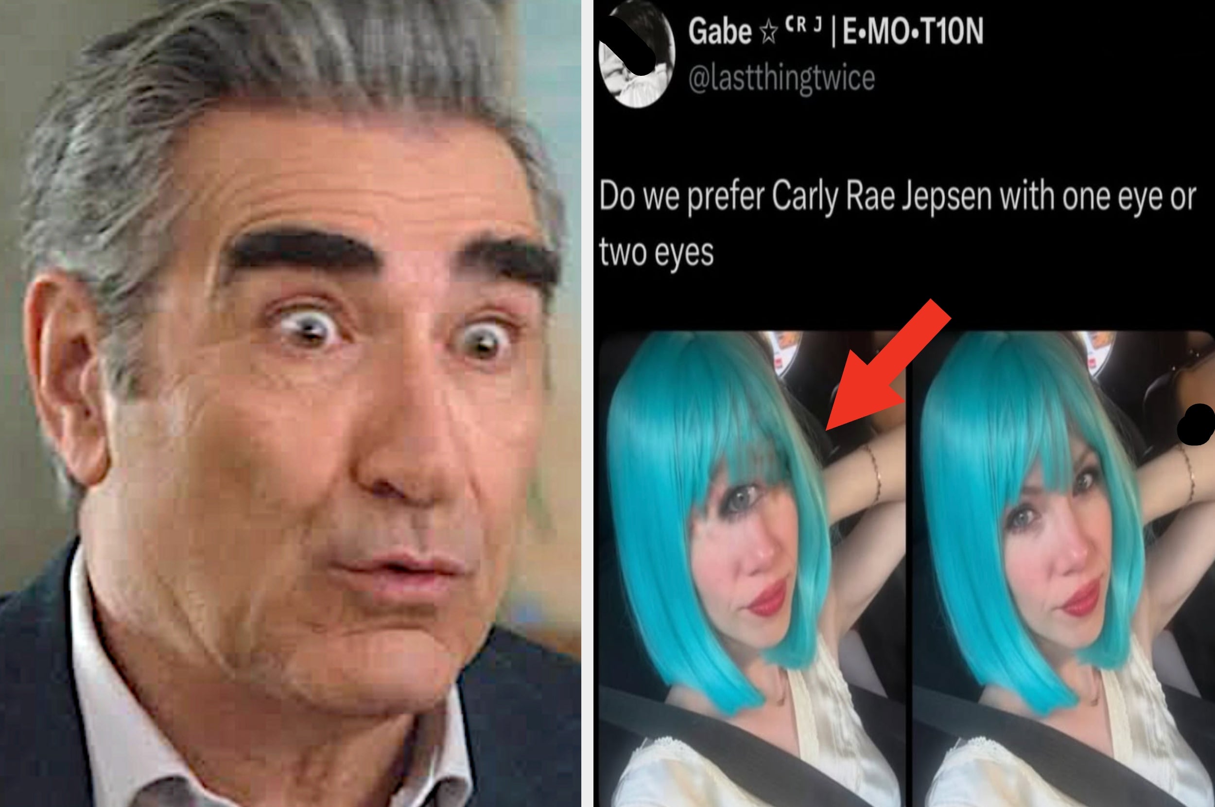 A split image with a surprised man on the left and a tweet comparing two images of someone in a teal wig, one edited to have one eye