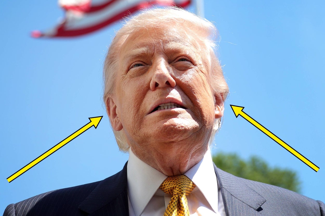A person in a suit and tie stands outdoors, with arrows pointing to their hair. An American flag is seen in the background