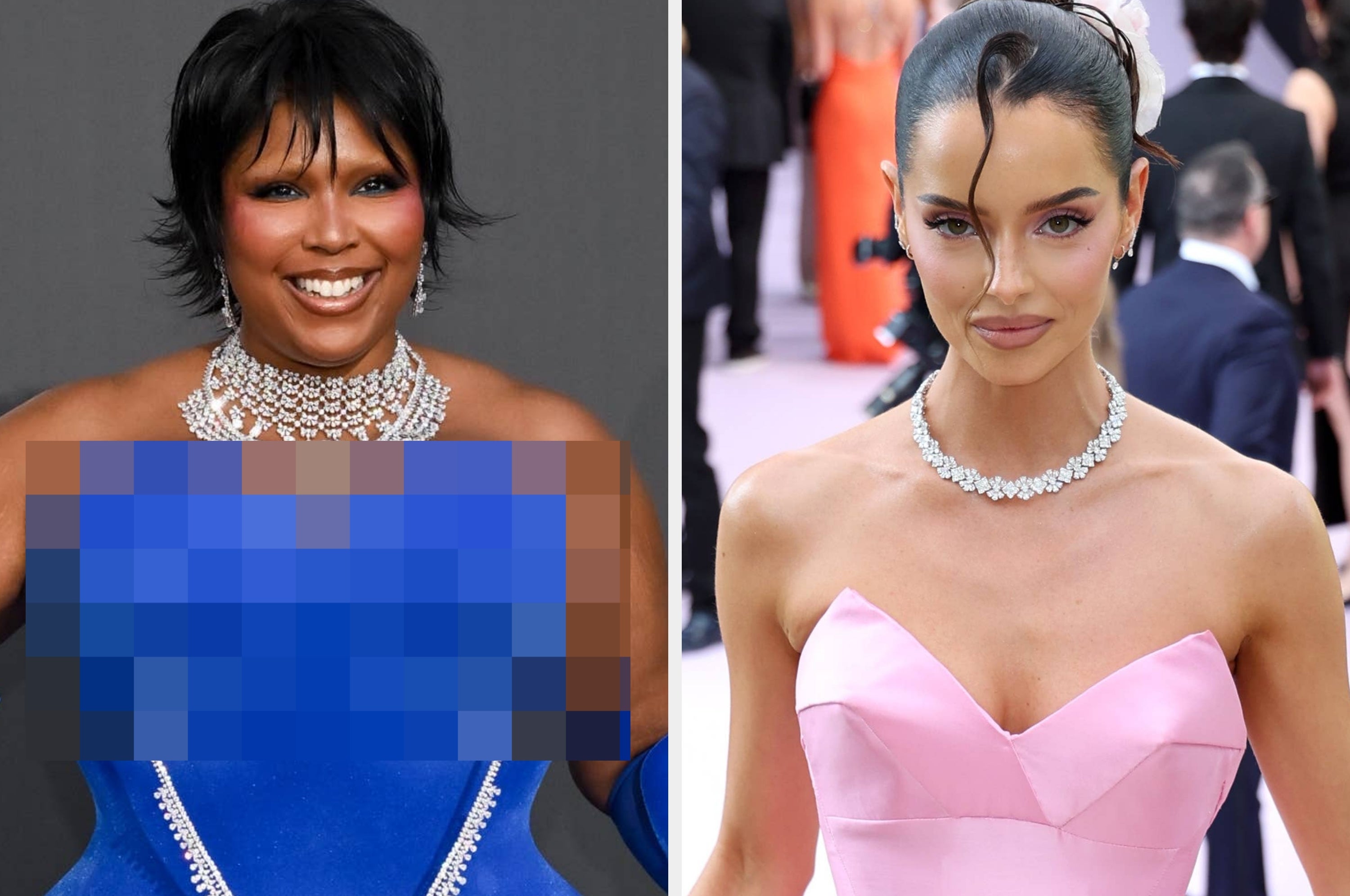 Two women on the red carpet in elegant dresses, one in form-fitting blue and the other in a strapless red gown, both wearing statement necklaces