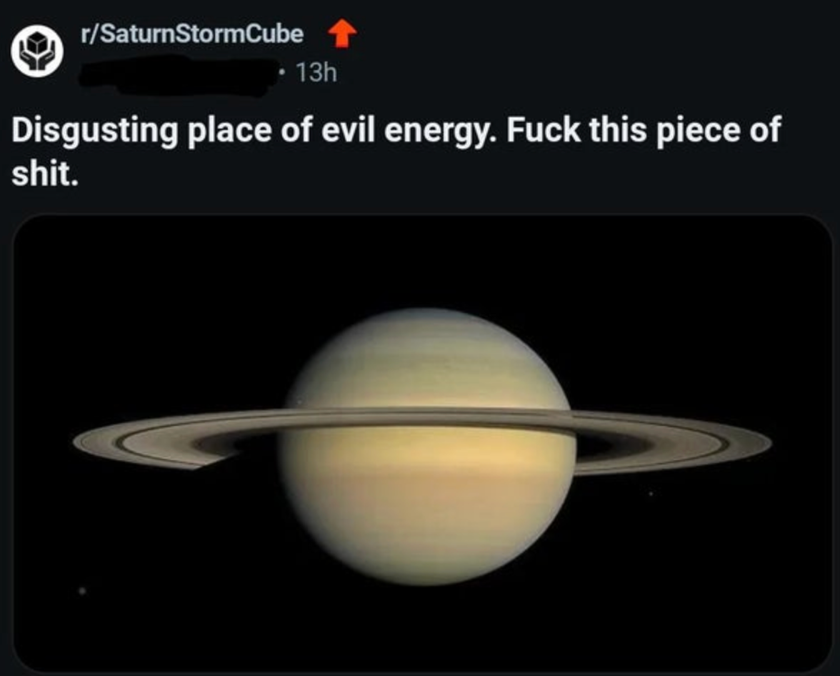 A Reddit post shows an image of Saturn with a negative caption about it