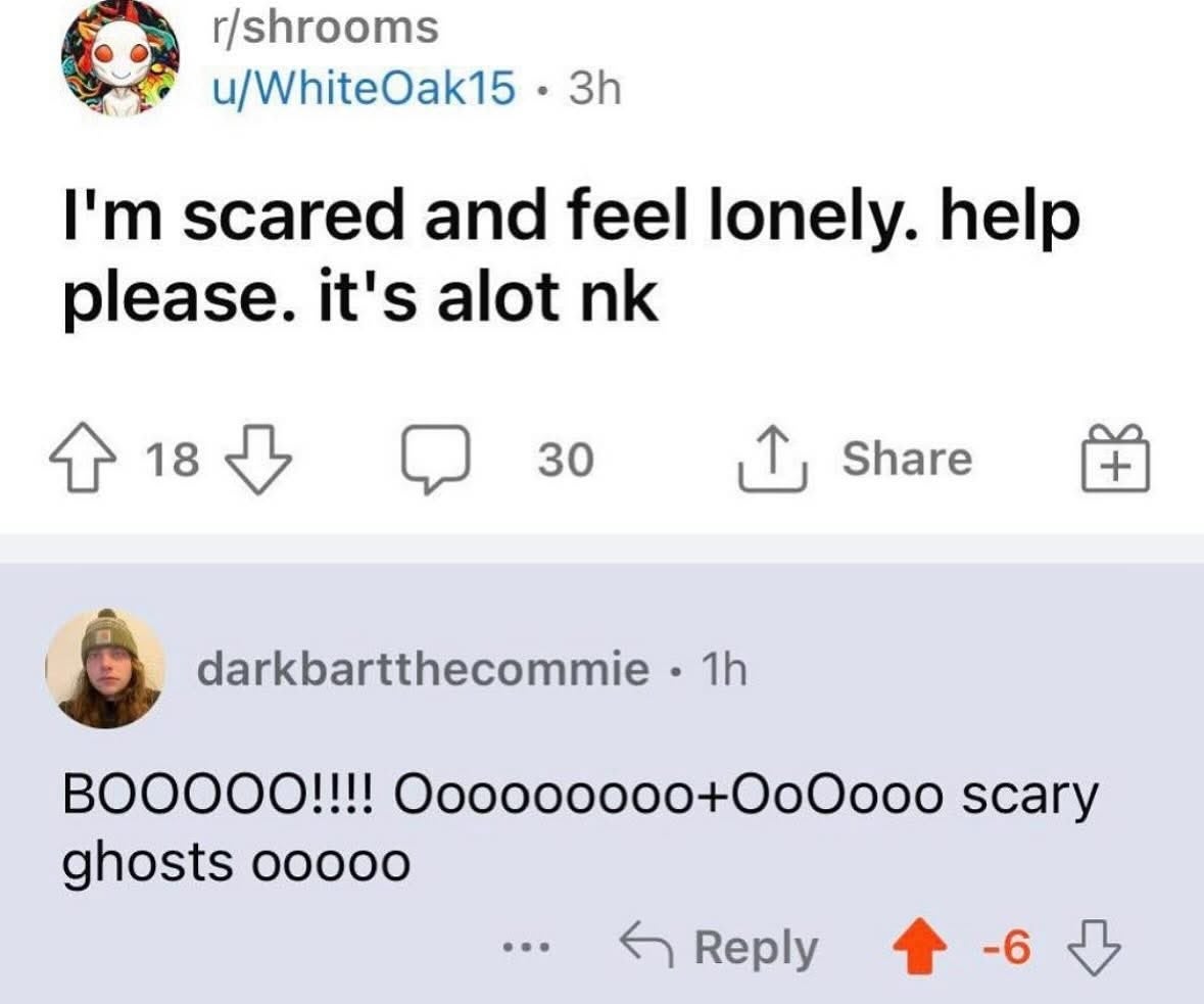 A social media post asking for help due to feeling scared and lonely, with a playful ghost-themed reply