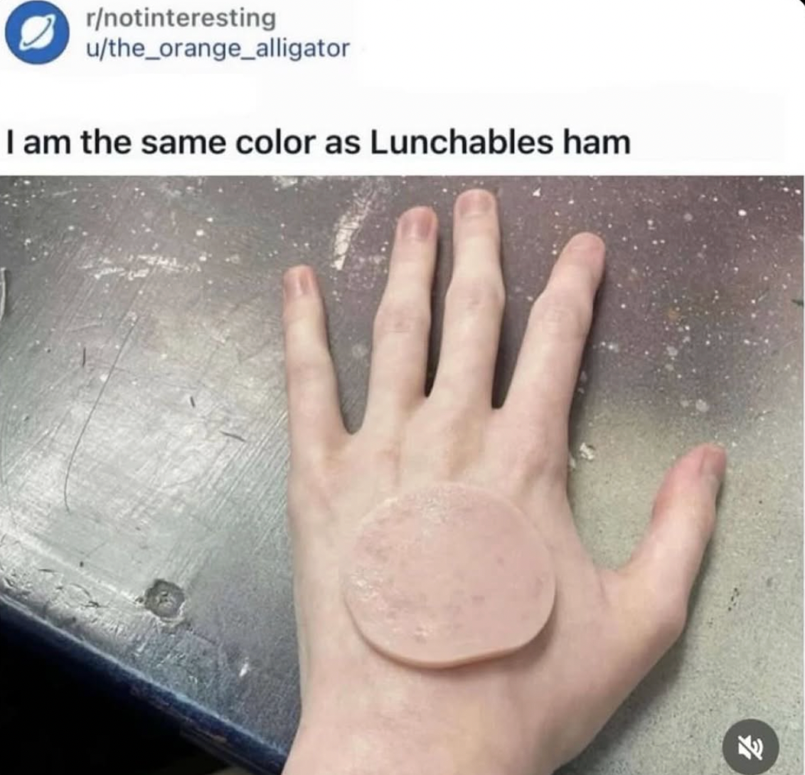A slice of ham is placed on a person's hand, comparing skin tone to the ham. Text reads: "I am the same color as Lunchables ham."