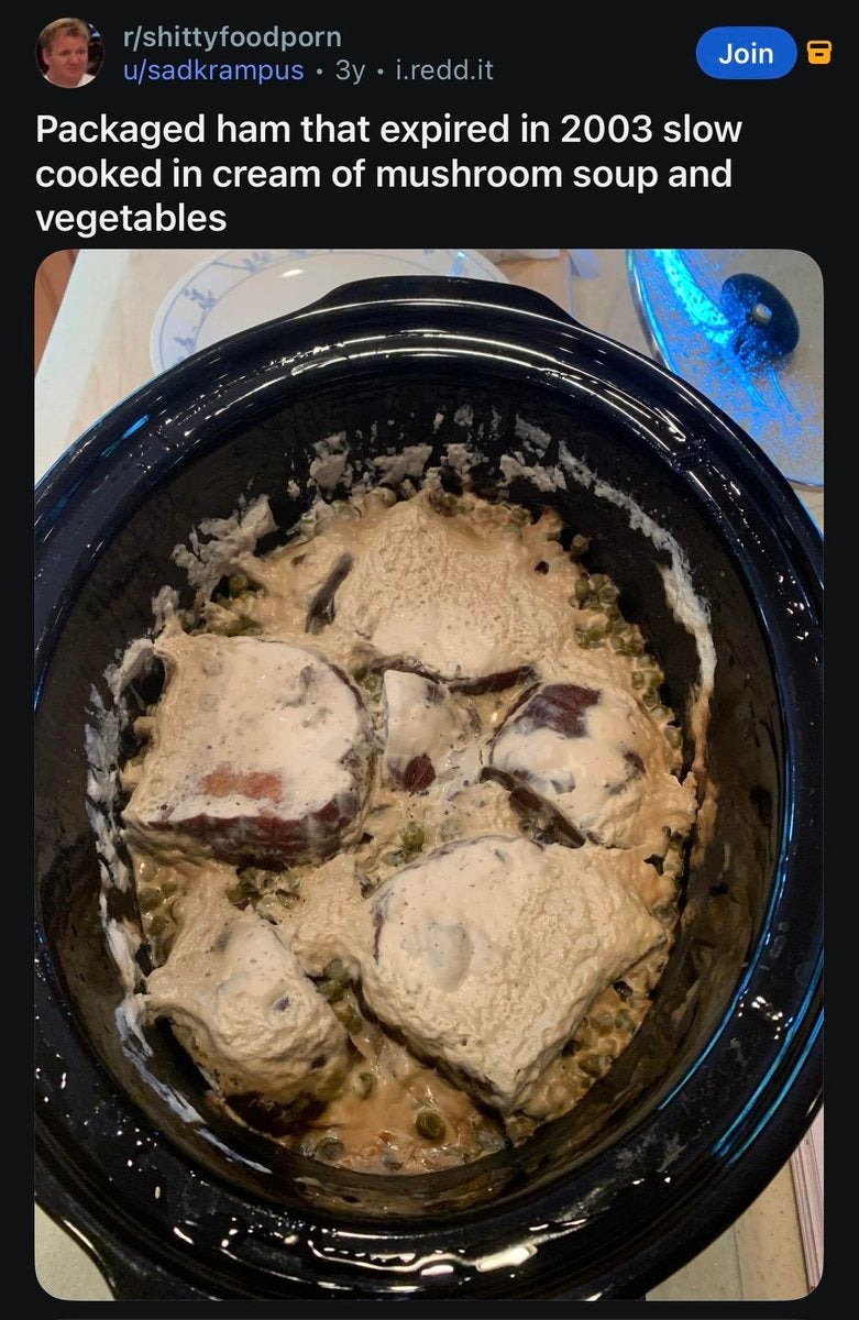 Crockpot with packaged ham from 2003 cooked in cream of mushroom soup and vegetables