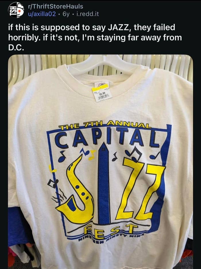 T-shirt with distorted text suggesting "CAPITAL JIZZ FEST." Comment discusses how the design fails to clearly spell "JAZZ."
