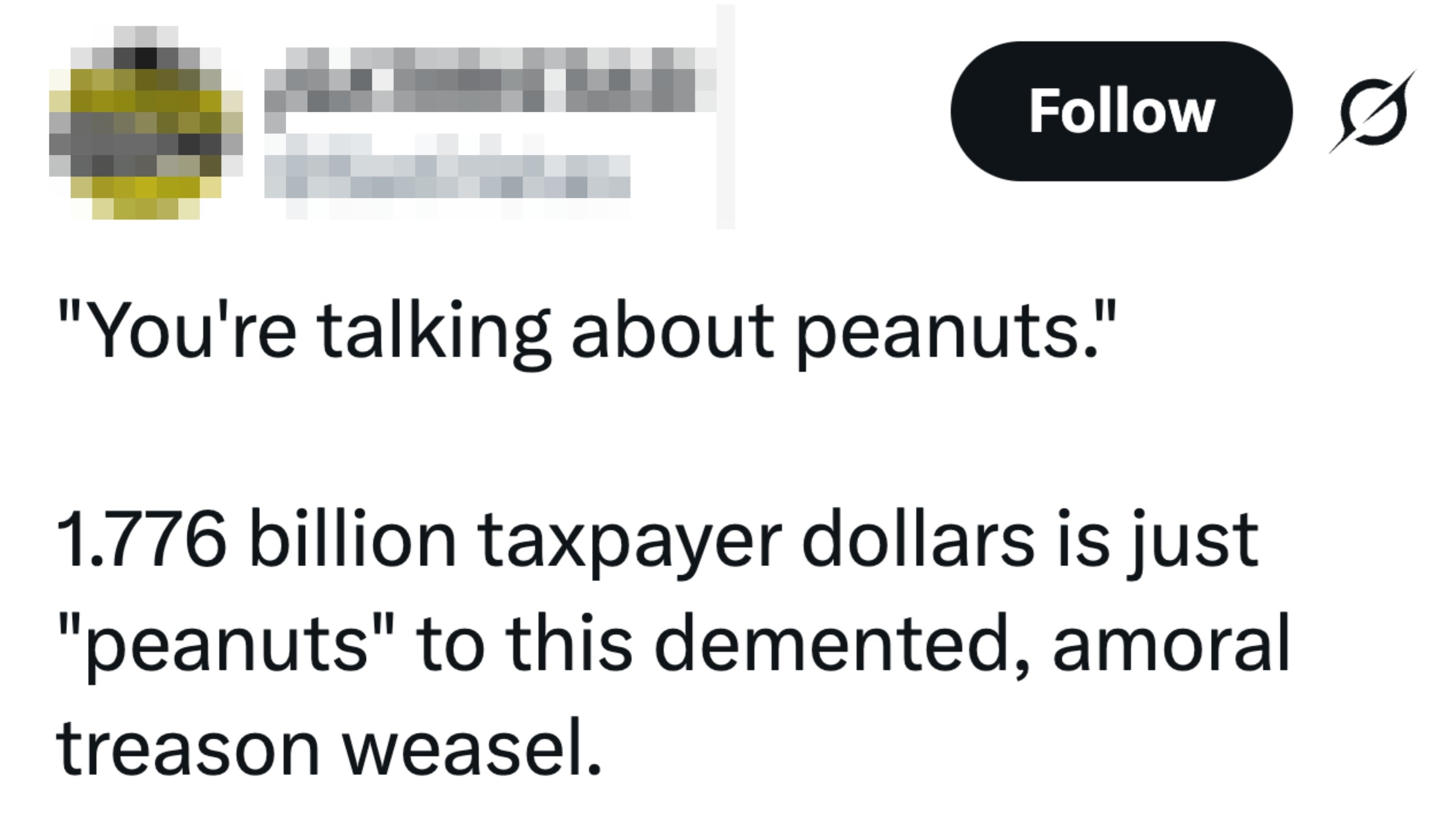 Tweet criticizing $1.776 billion as insignificant and calling out perceived misconduct