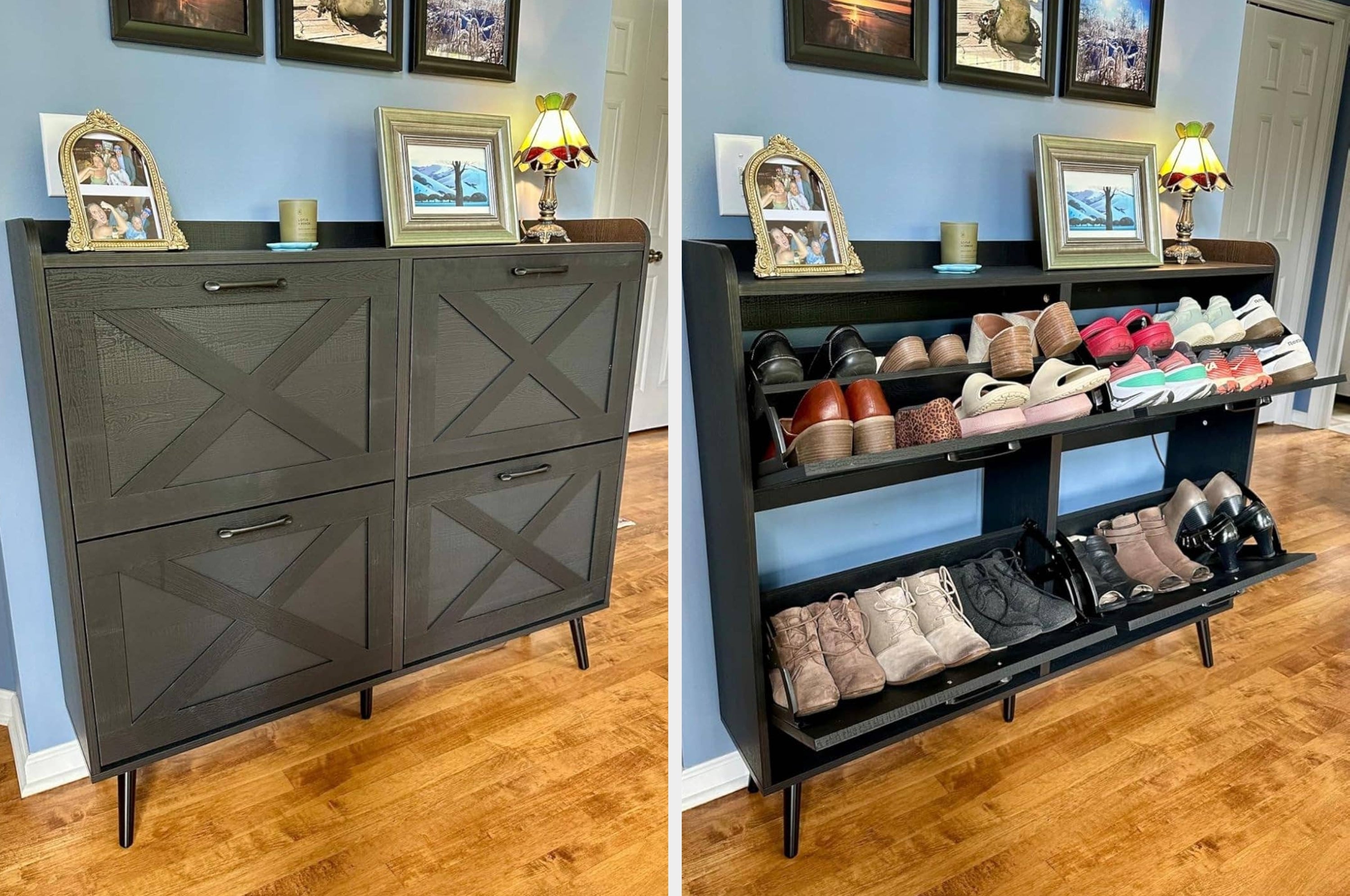 Before-and-after photos of a fireplace makeover, showing a switch from dark wood to a fresh white mantle with new decorations