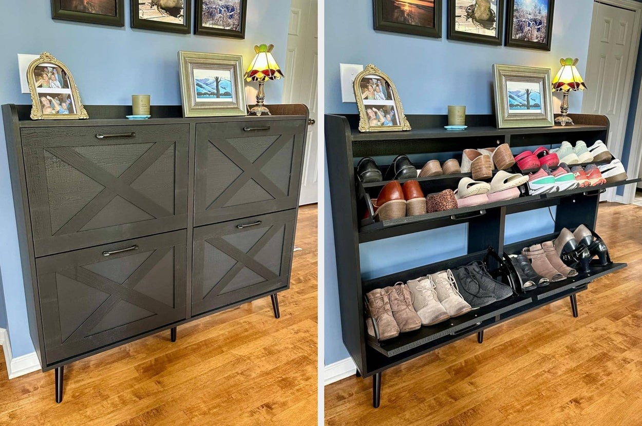 Before-and-after photos of a fireplace makeover, showing a switch from dark wood to a fresh white mantle with new decorations
