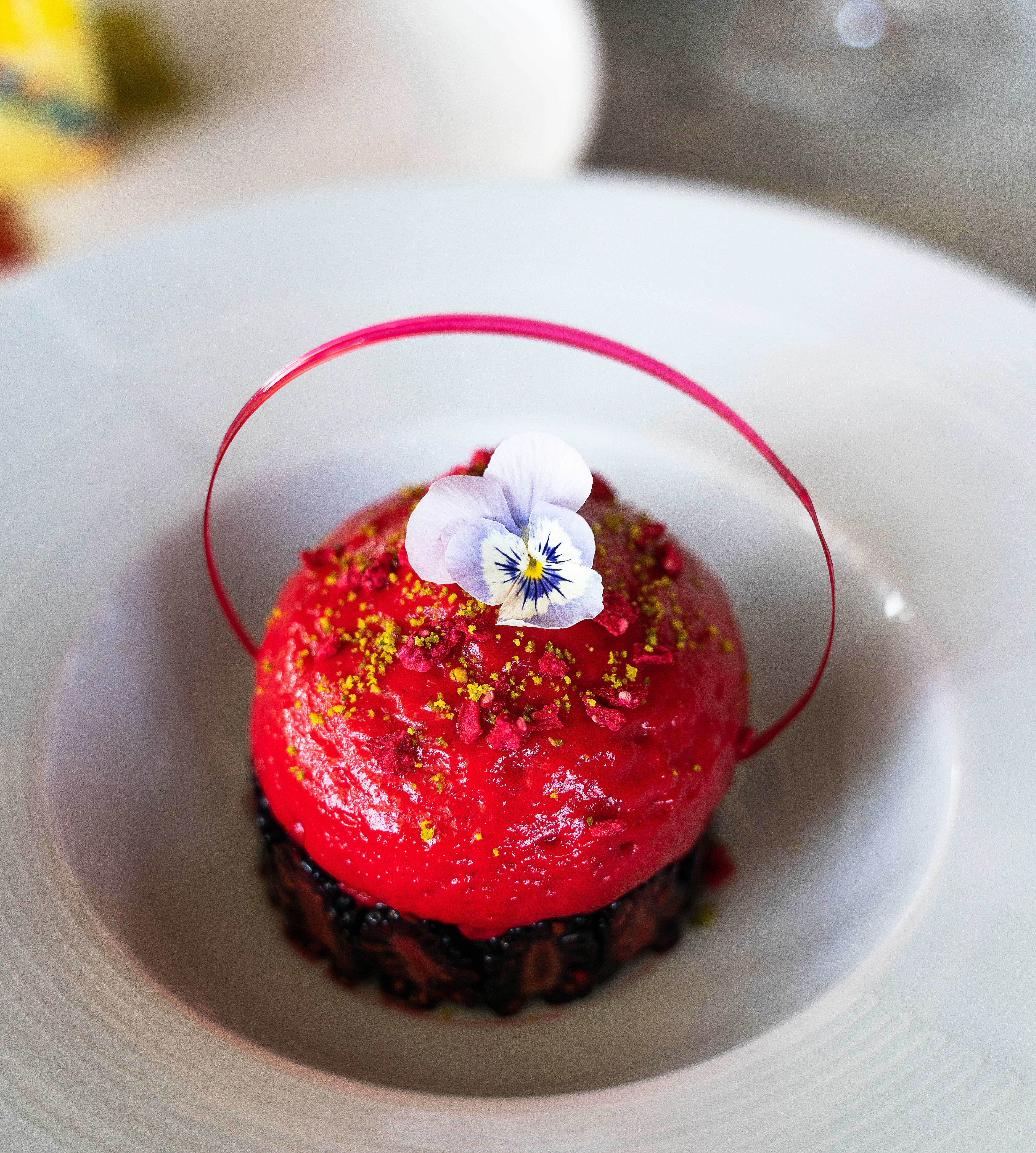 Gourmet dessert with a raspberry glaze, edible flower, and decorative sweetener arch connected a achromatic plate
