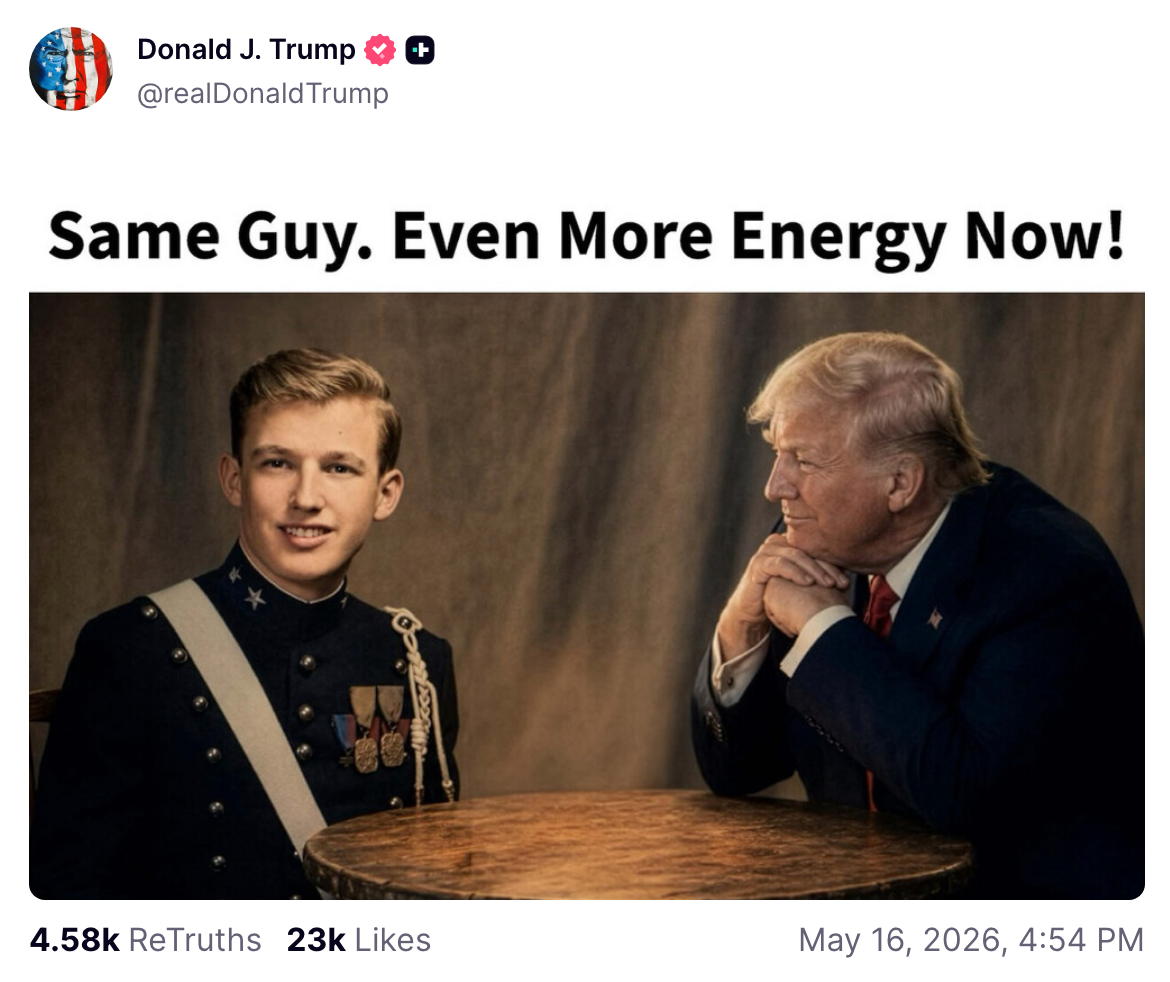 Social media post by Donald Trump with a caption: "Same Guy. Even More Energy Now!" showing a man in a formal military uniform sitting at a table with Trump