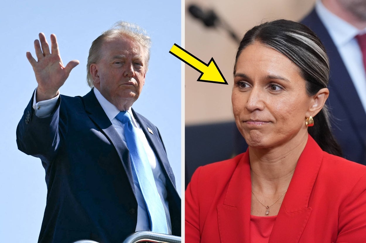 A person in a suit waves from steps. Adjacent, another person in a suit looks pensive. An arrow points to the second individual
