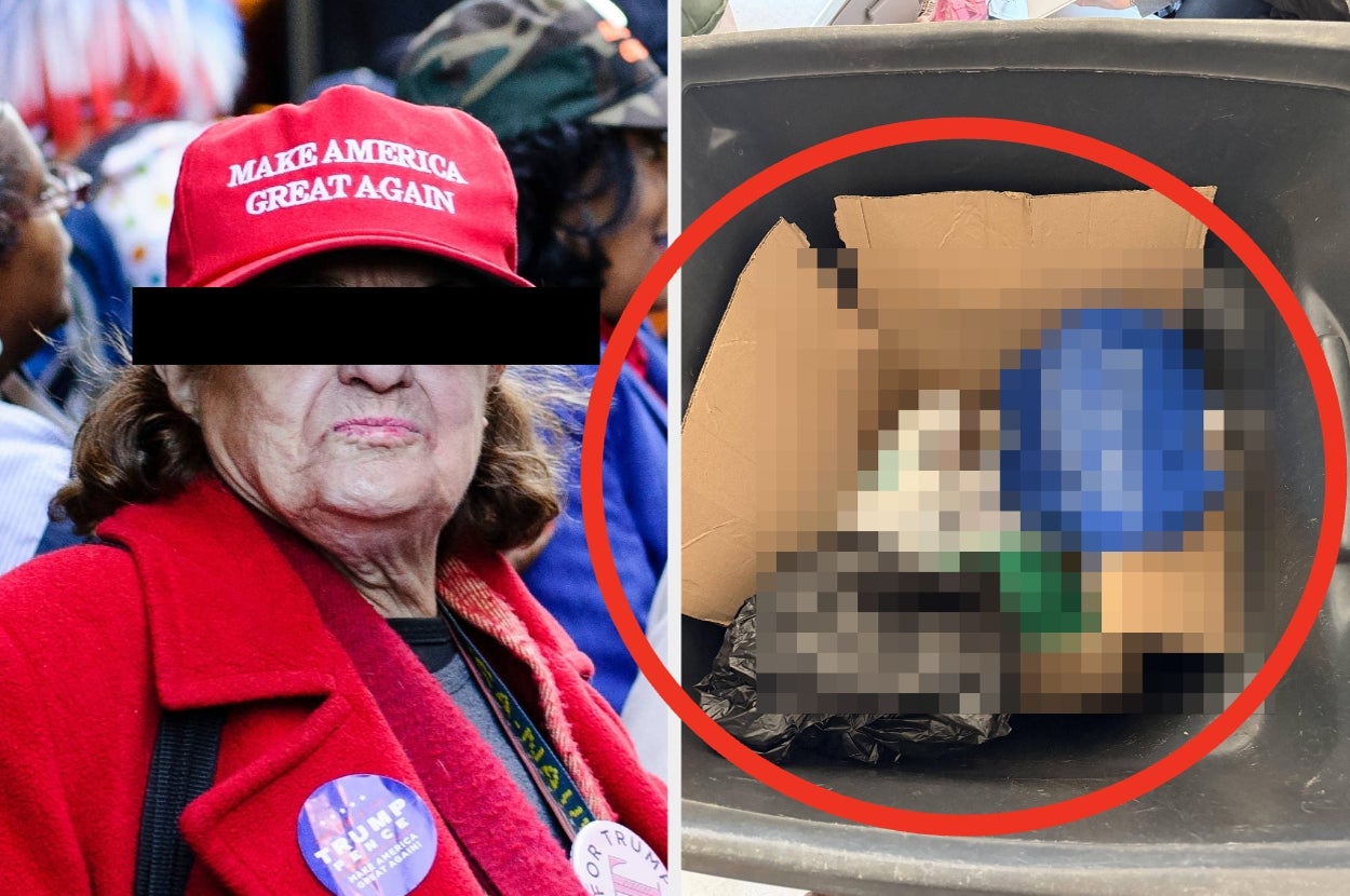 Person in a "Make America Great Again" hat beside a blurred cardboard box in a trash bin
