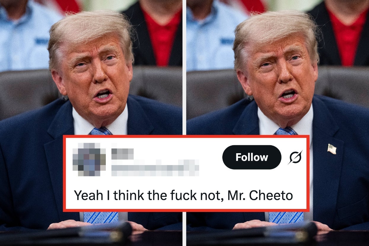 Two side-by-side images of a man speaking at an event, with a comment below saying, "Yeah I think the fuck not, Mr. Cheeto."