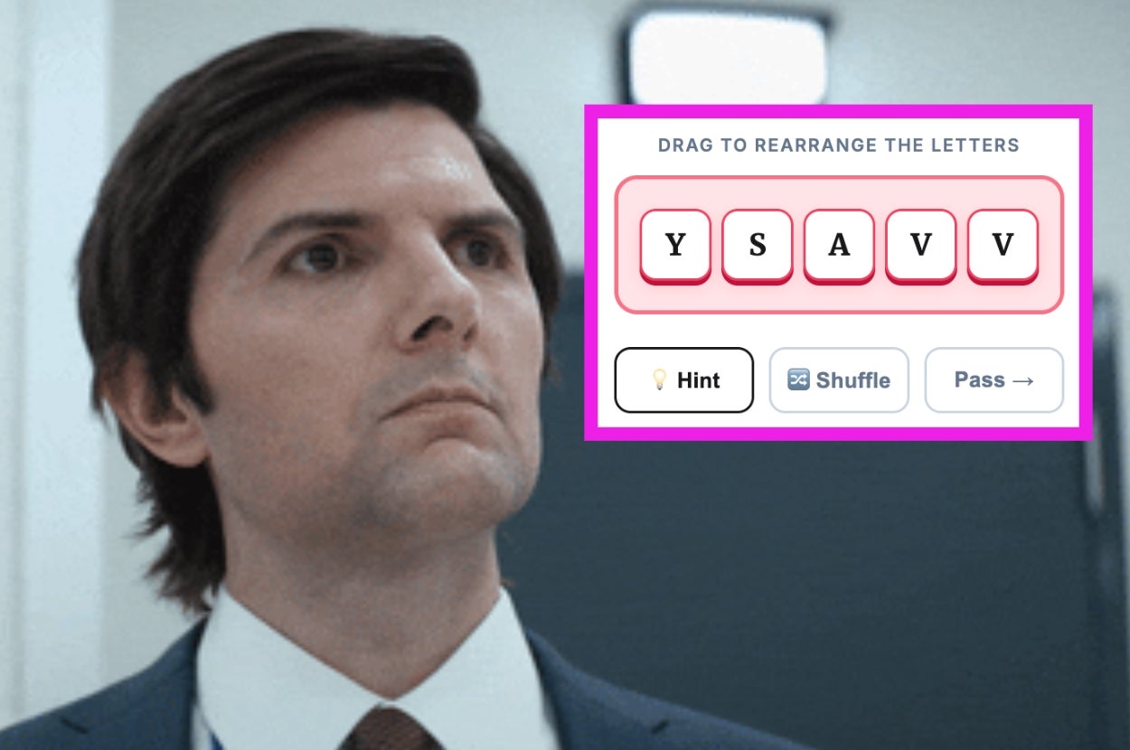 Man in a suit looks up; overlay image shows a word puzzle with letters Y, S, A, V, V and options: hint, shuffle, pass