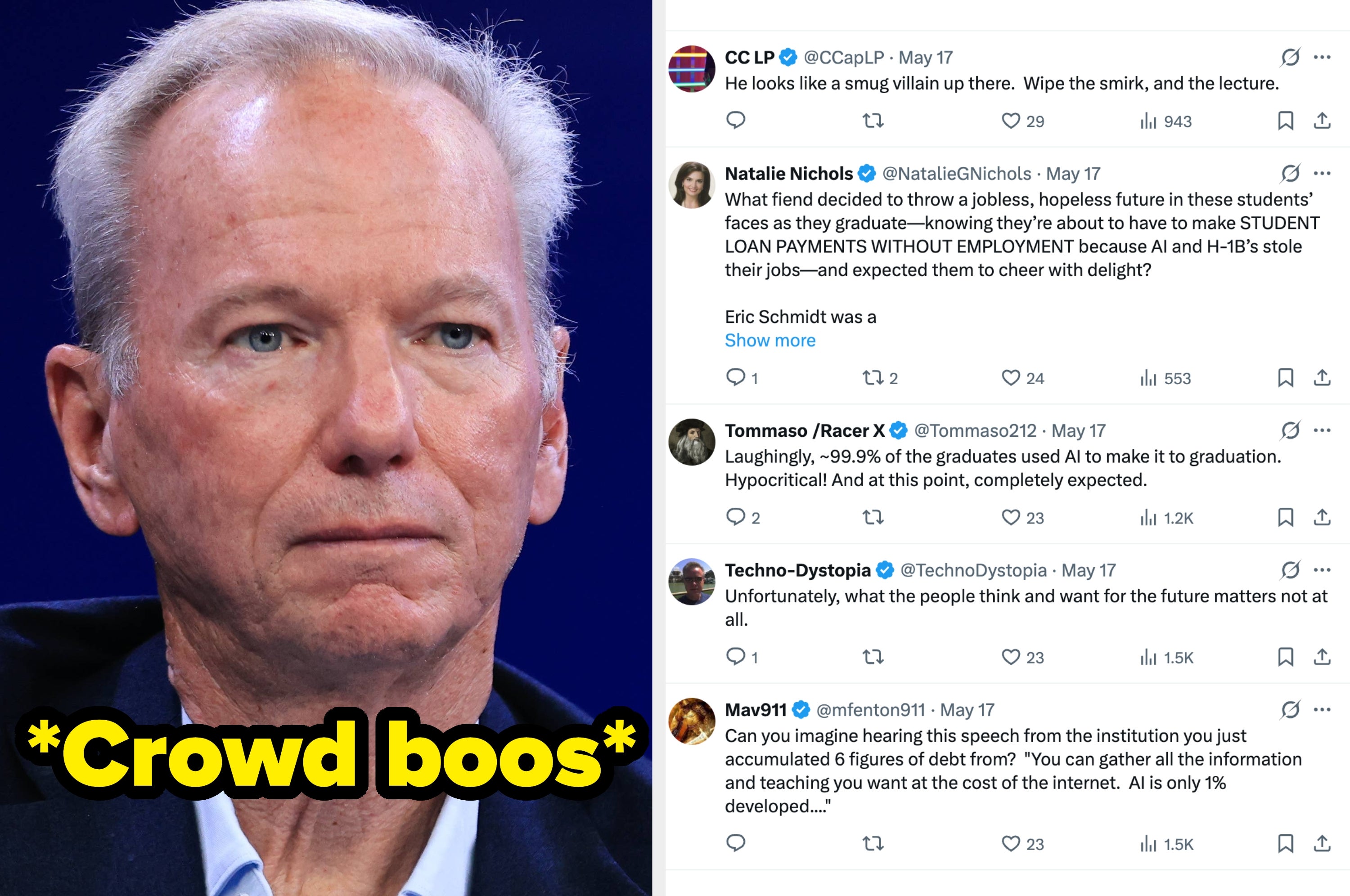 Former Google CEO Eric Schmidt looking serious with text that reads "*crowd boos*" and critical comments on social media shown alongside