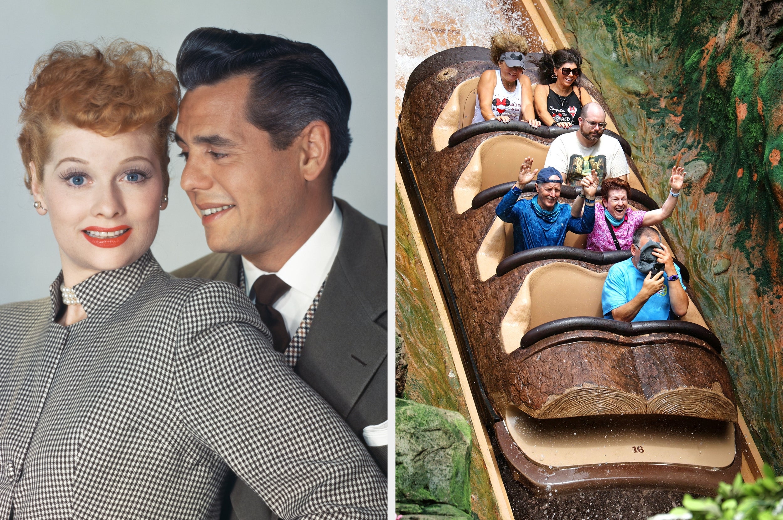 Vintage photo of a smiling couple in classic attire on the left; a group of people enjoying a log flume ride on the right