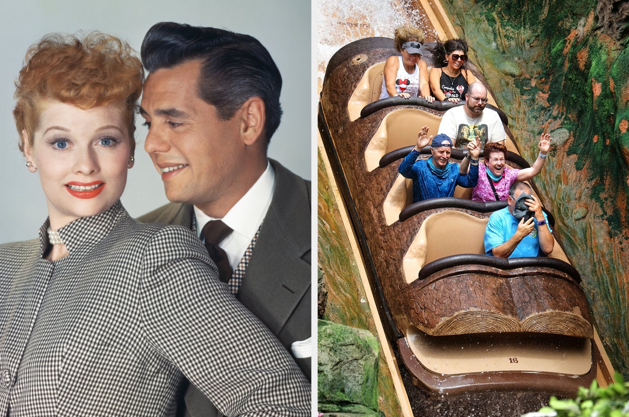 Vintage photo of a smiling couple in classic attire on the left; a group of people enjoying a log flume ride on the right