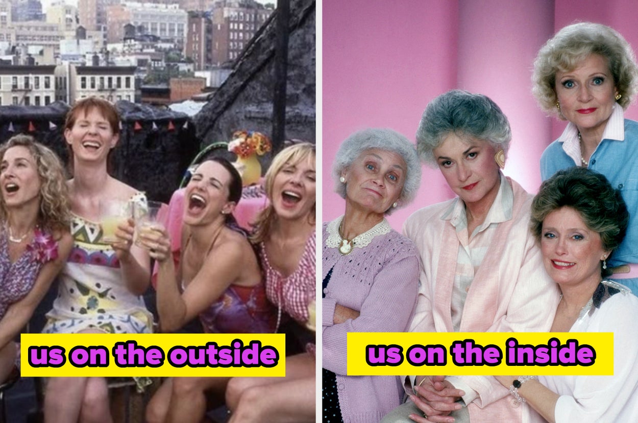 Four women laughing on the left; four older women posing on the right. Text reads: "us on the outside, us on the inside"