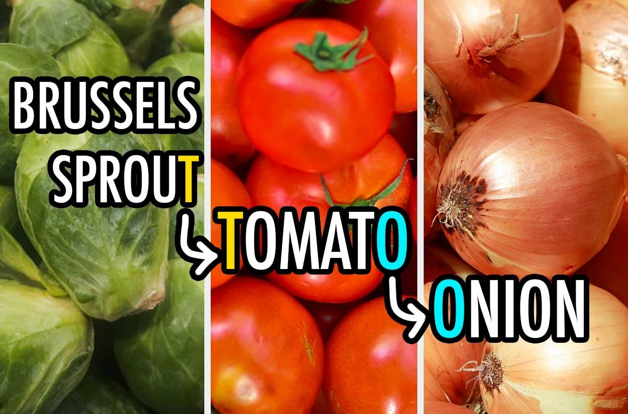 Brussels sprouts, tomatoes, and onions shown side by side, labeled with text and arrows pointing to each type