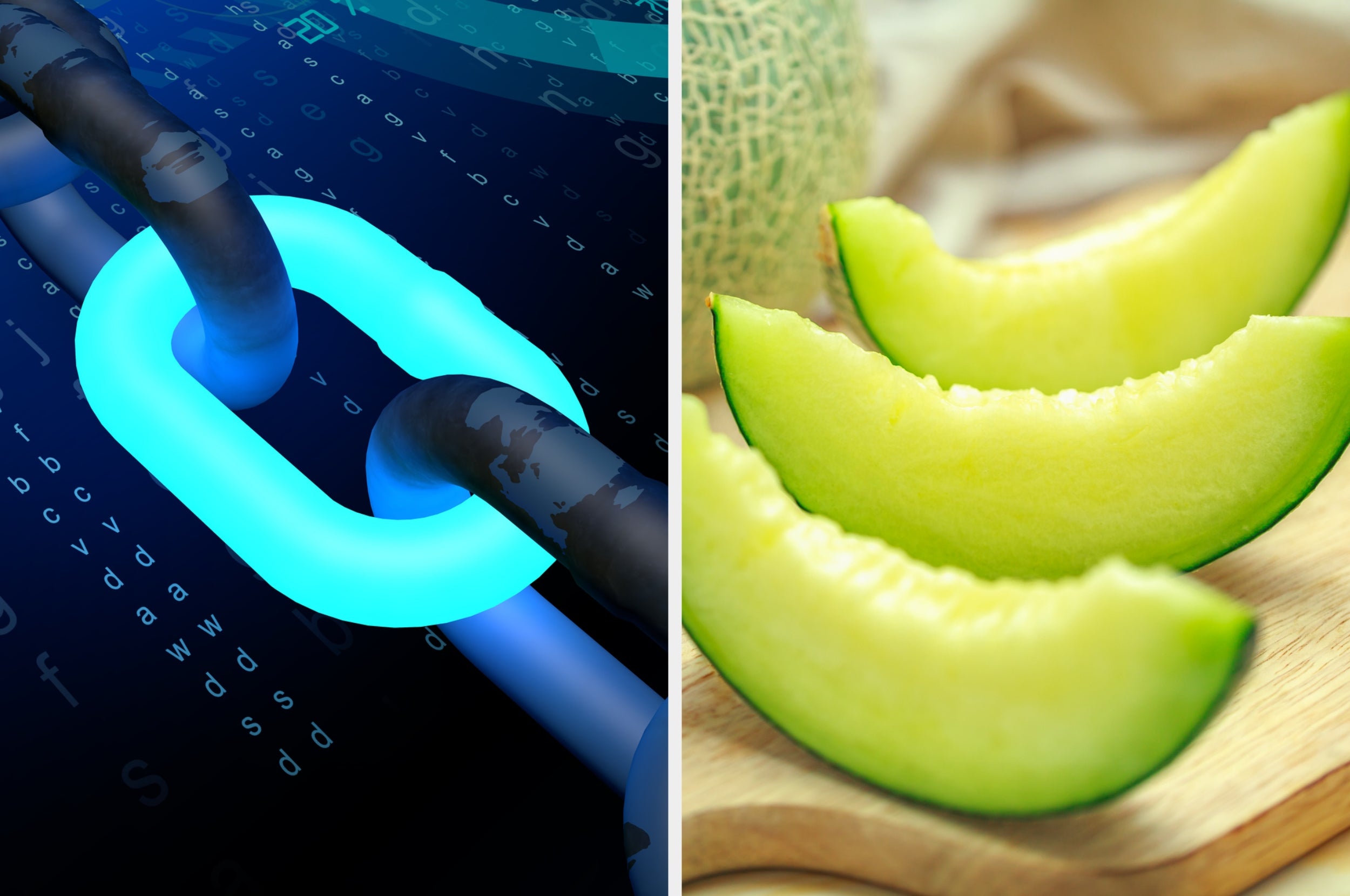 Digital chain link next to slices of melon on a wooden board