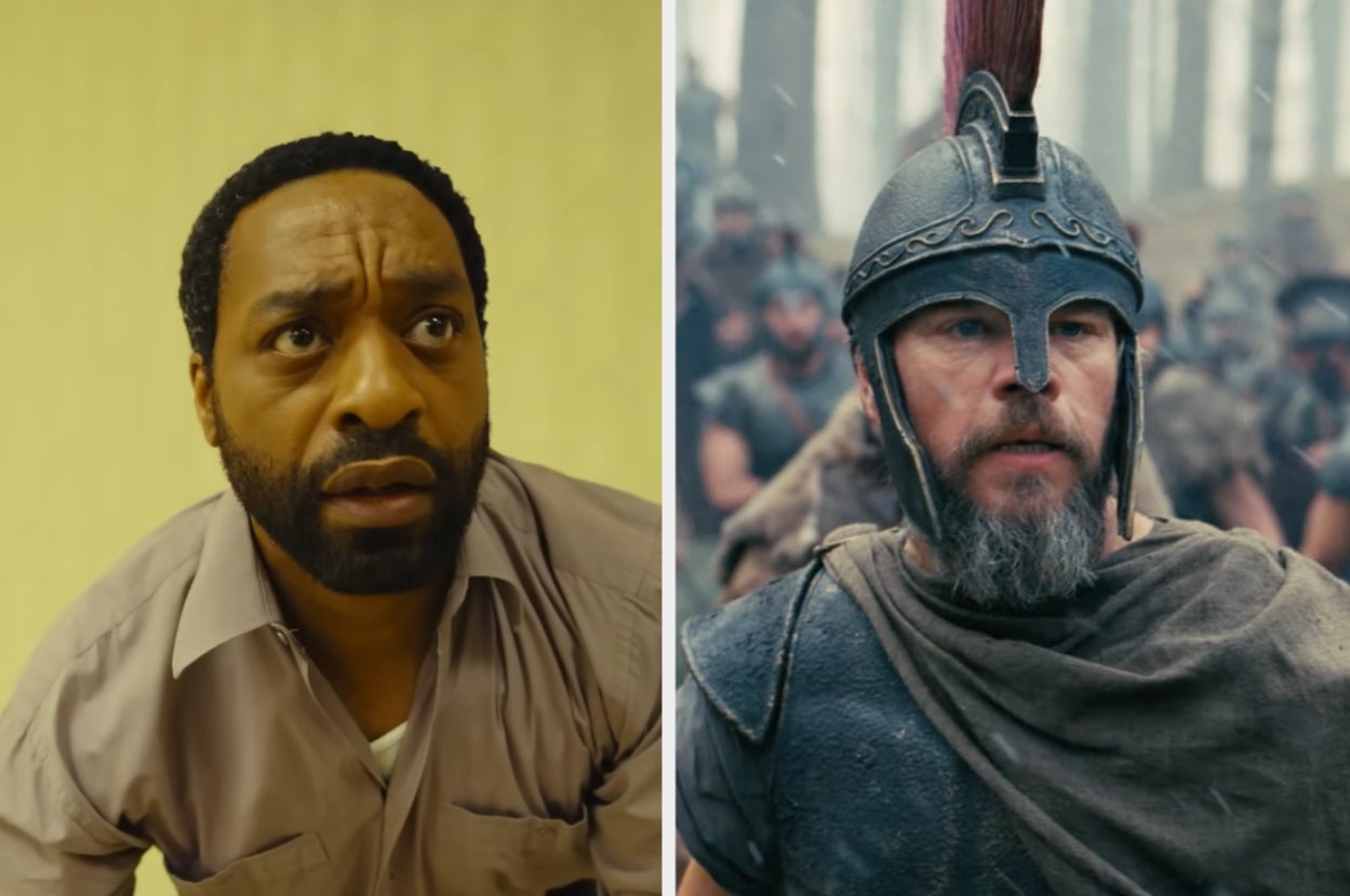 Two different movie scenes: one features Chiwetel Ejiofor in "Backrooms" looking up intently; the other shows Matt Damon as a warrior in a helmet amid battle in "The Odyssey"