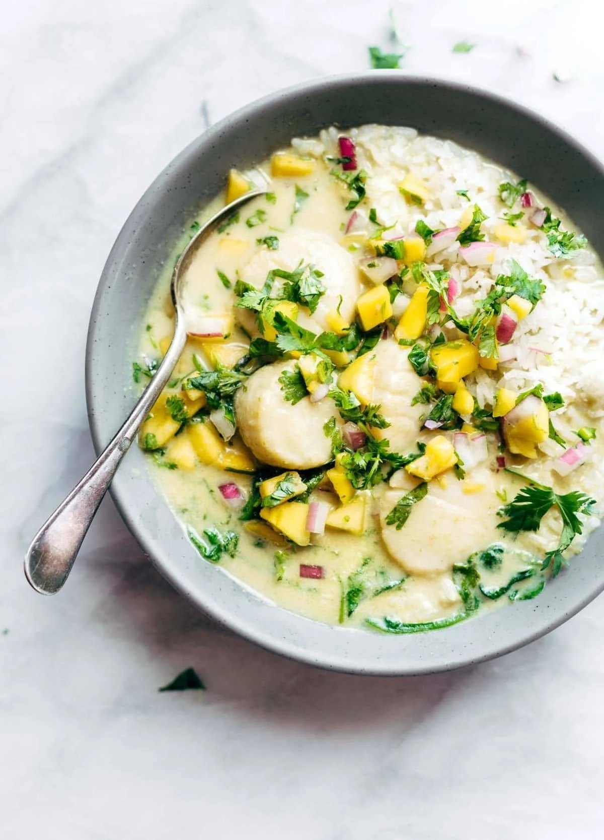 Bowl of dumplings in a creamy sauce, garnished with diced mango, red onion, and herbs, next to a side of white rice, with a spoon