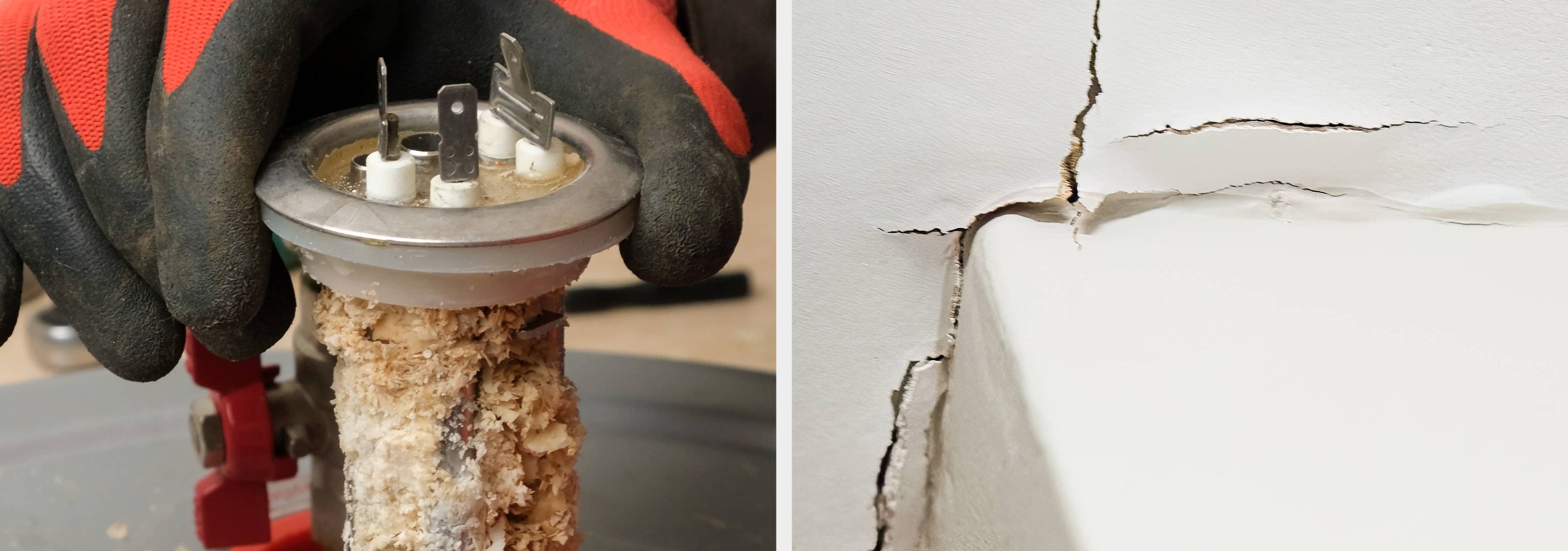 A limescale-coated washing machine part on the left; a cracked wall corner on the right, both marked by yellow arrows