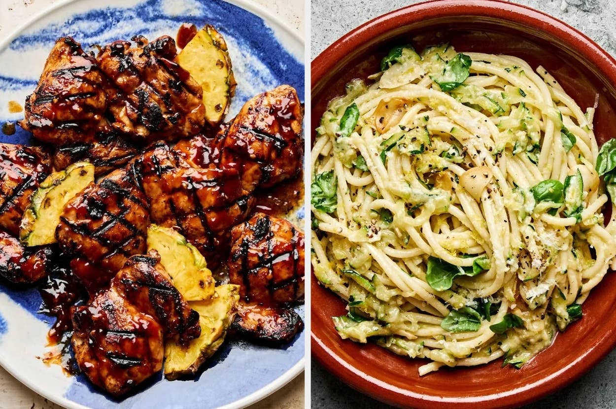Two dishes: glazed grilled meat with pineapple on the left, creamy pasta with herbs on the right. Both are served on plates