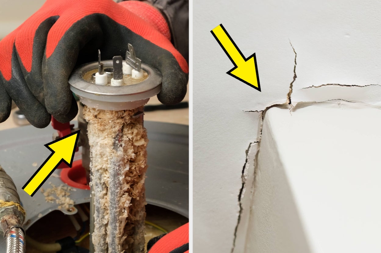 A limescale-coated washing machine part on the left; a cracked wall corner on the right, both marked by yellow arrows