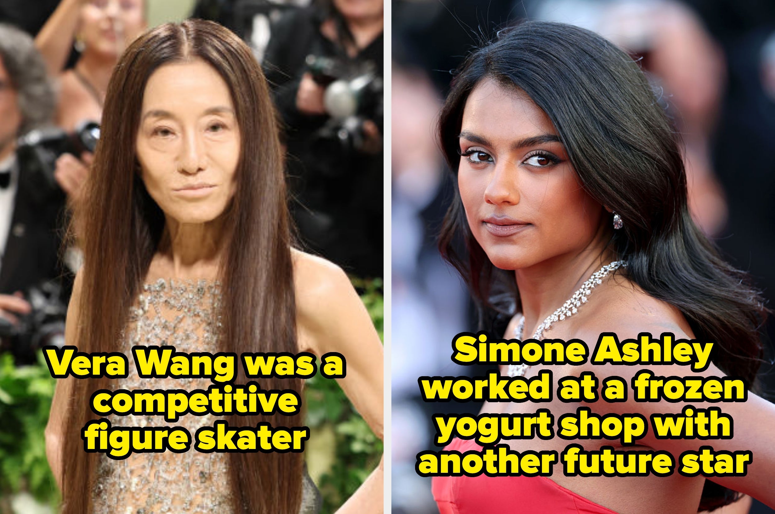 Two side-by-side images: one of Vera Wang at a formal event; one of Simone Ashley at a separate event. Text highlights their past jobs