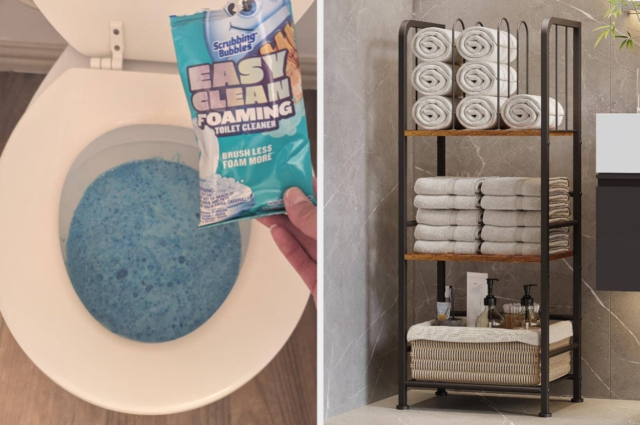 A toilet cleaner packet is shown over a toilet with blue foaming water, next to a neatly organized shelf with folded towels and toiletries