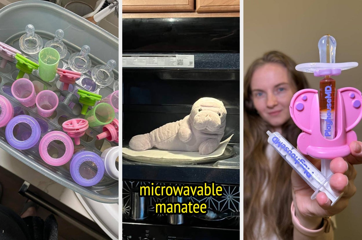 Baby bottle accessories and pacifiers are organized; a plush toy is in a microwave; a person holds a pacifier with a syringe handle