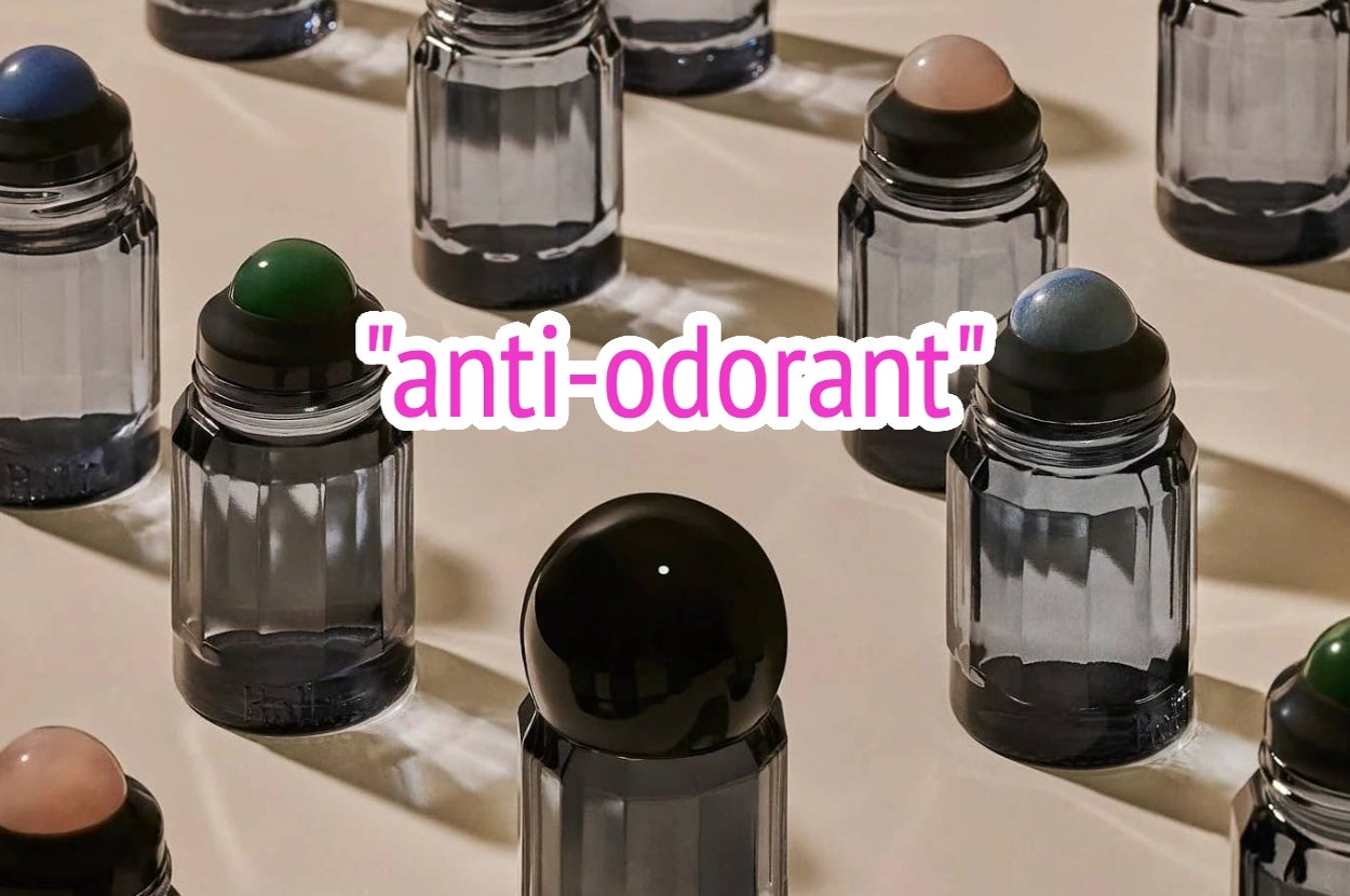 Several deodorant bottles with round caps are arranged on a surface. Text overlay reads: "anti-odorant."