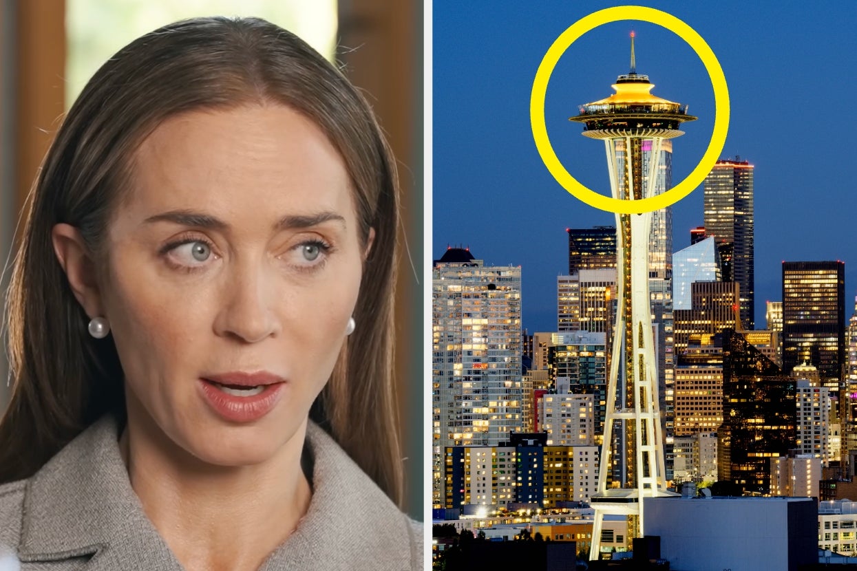 A person speaking with a serious expression is shown next to an image of the Seattle Space Needle highlighted against a cityscape at night