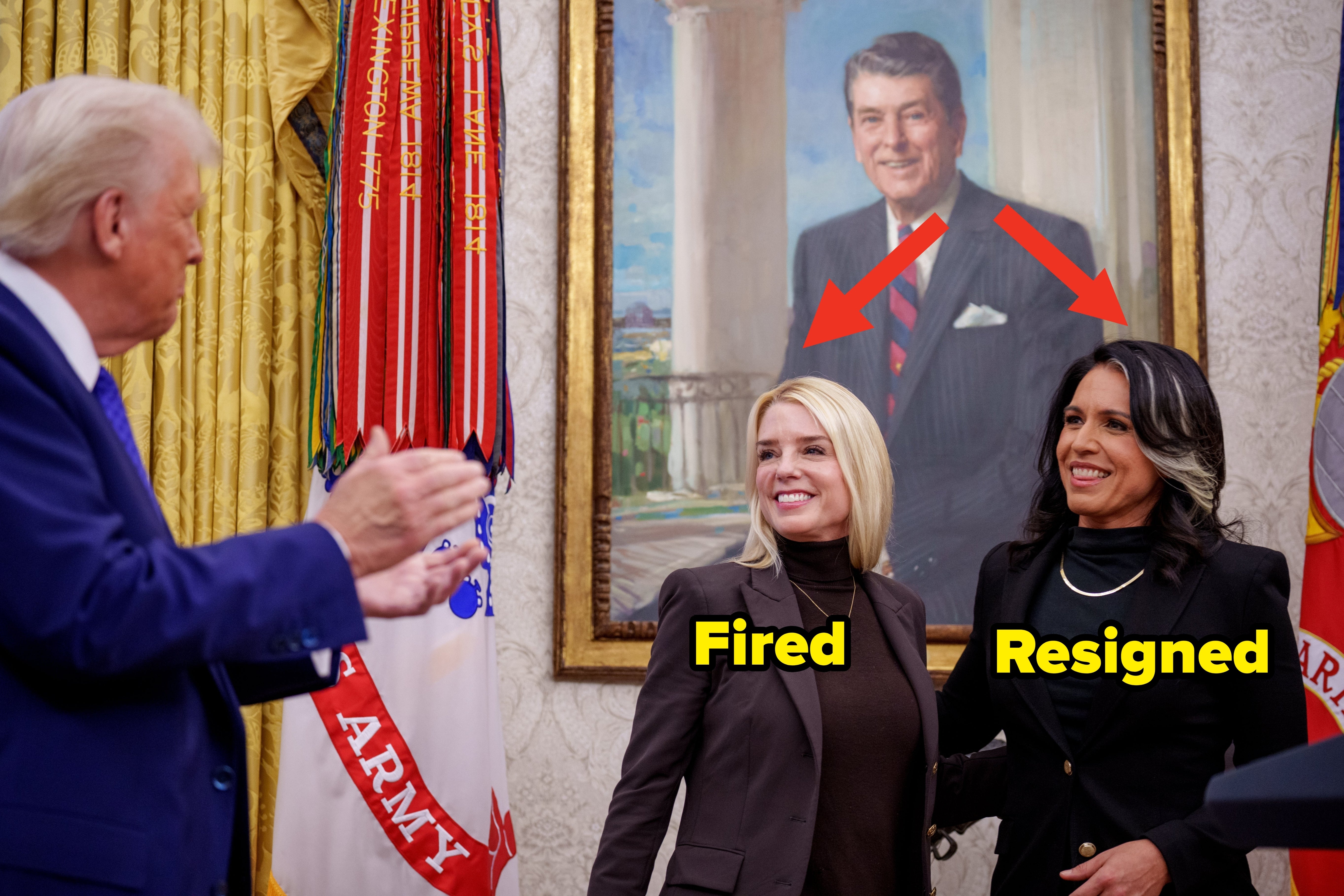 U.S. President Donald Trump claps after Tulsi Gabbard (R) is sworn in as Director of National Intelligence by Attorney General Pam Bondi in the Oval Office
