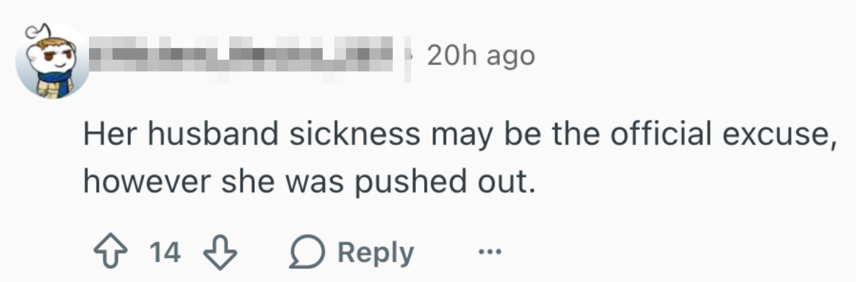 Reddit comment from Efficient_Resist_287: "Her husband sickness may be the official excuse, however she was pushed out." 14 upvotes, reply option available
