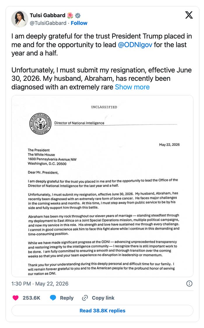 Social media post with a letter from Tulsi Gabbard. She resigns as Director of National Intelligence to care for her husband with a rare cancer
