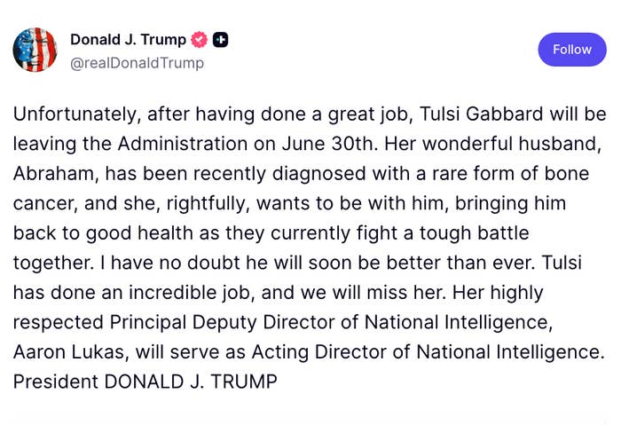 Statement from Donald Trump on Twitter about Tulsi Gabbard leaving the administration, mentioning her husband's health and her significant contributions