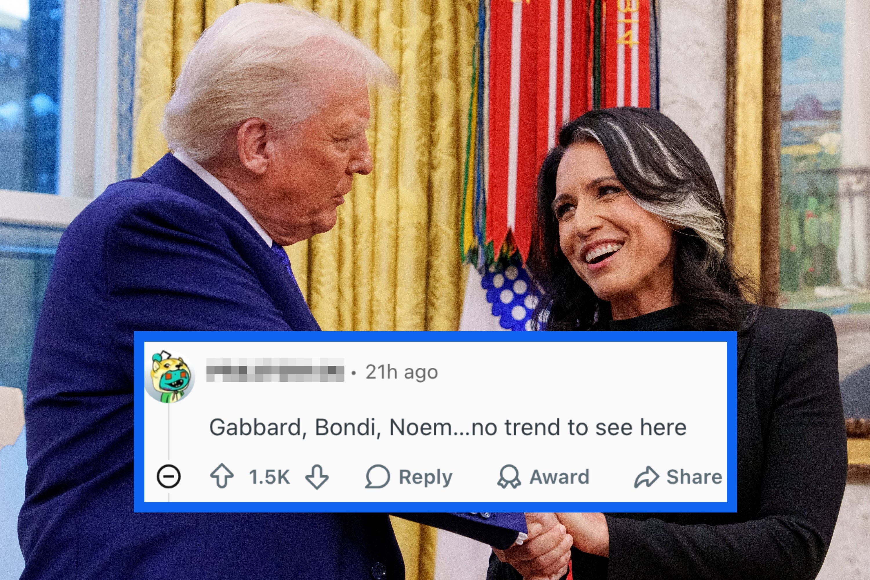 Two people shaking hands in a formal setting, overlaid with a social media comment asking about a reality TV star replacement