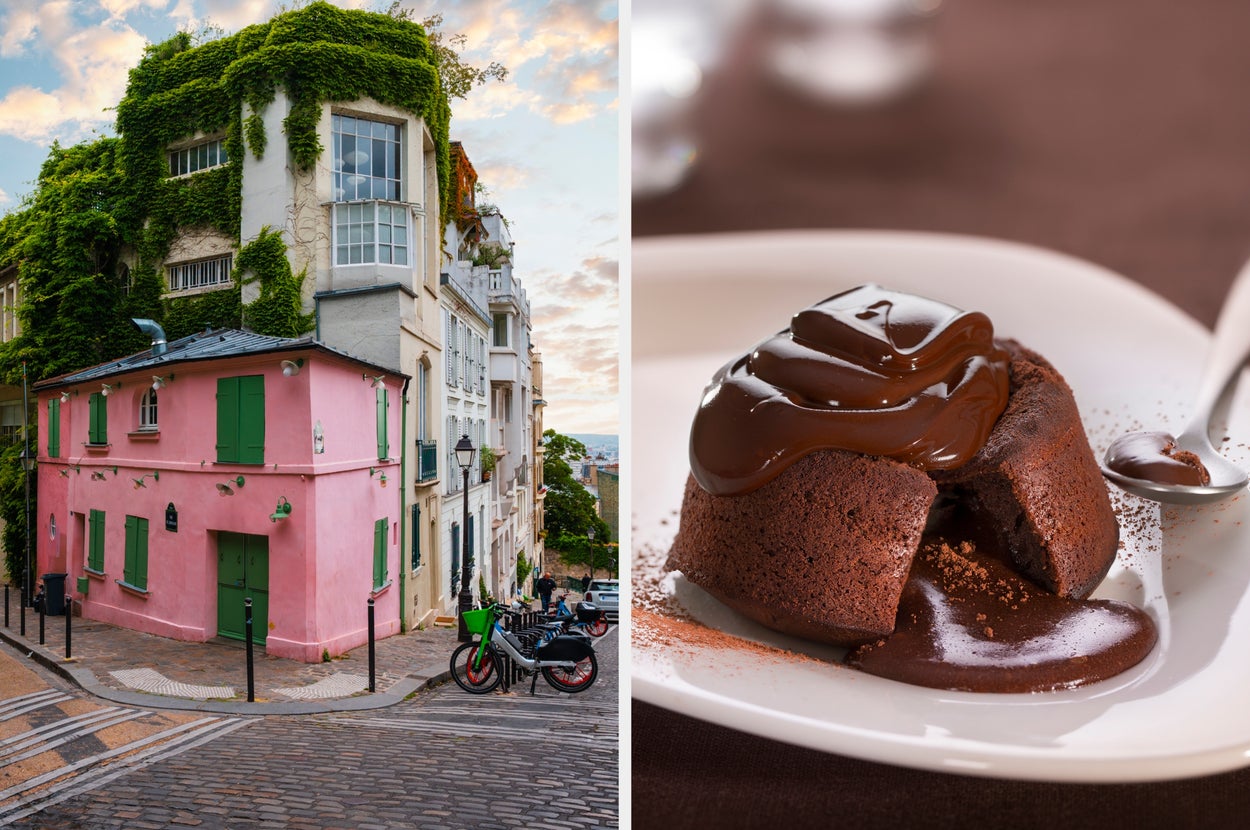 A picturesque street corner with a vine-covered building next to a pink cottage. Adjacent is a decadent molten chocolate lava cake on a plate
