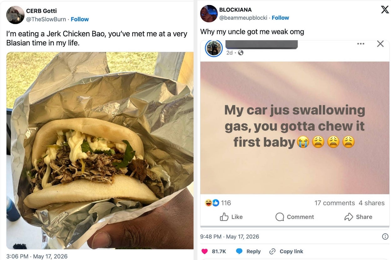 Two social media posts: one shows a person holding a jerk chicken bao; the other is a humorous post about high gas prices
