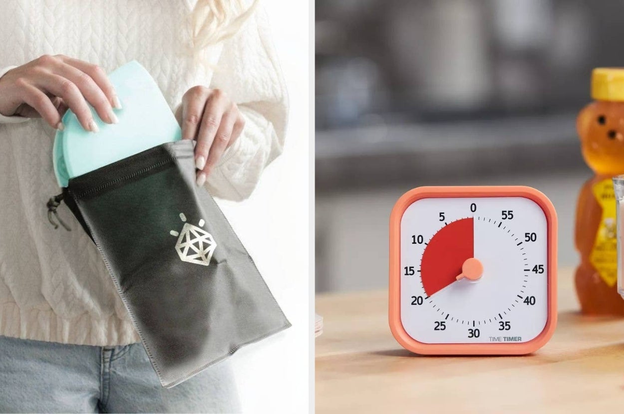 Person holding a reusable food storage bag; next to a kitchen timer with a honey bottle in the background