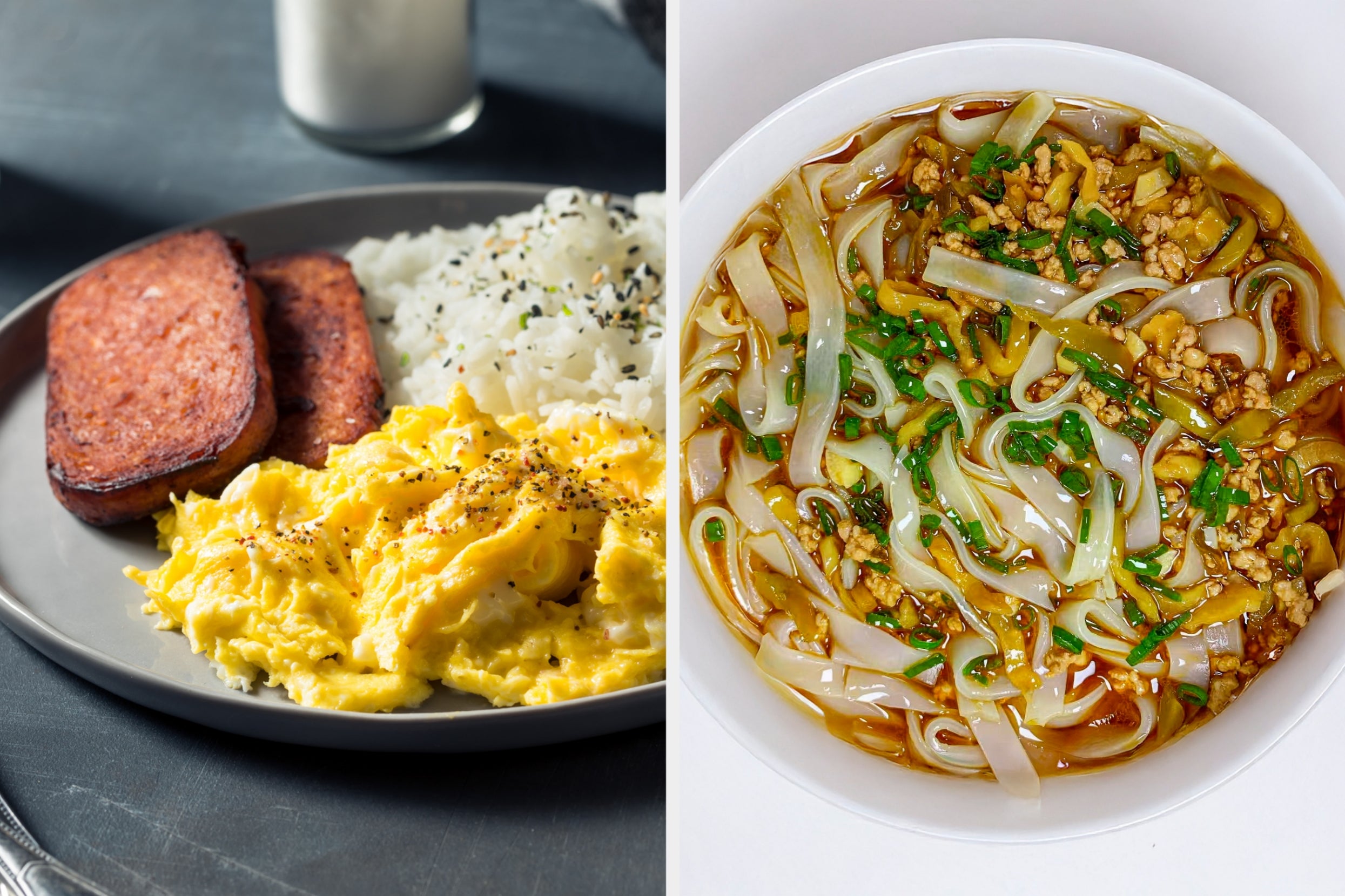 Plate with eggs, Spam, rice on left; bowl of noodle soup with greens on right