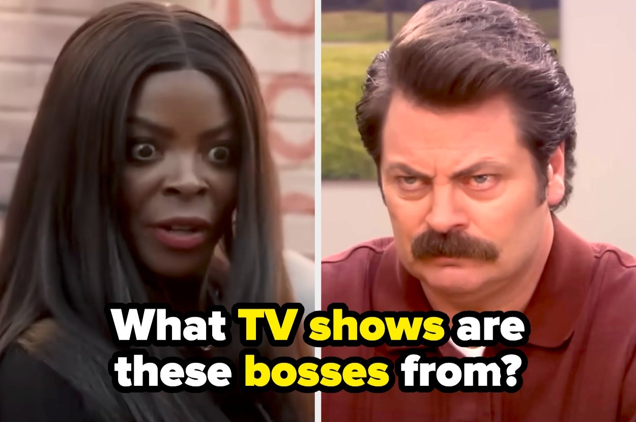 Two characters from TV shows making surprised and serious expressions with text asking about the shows they are from