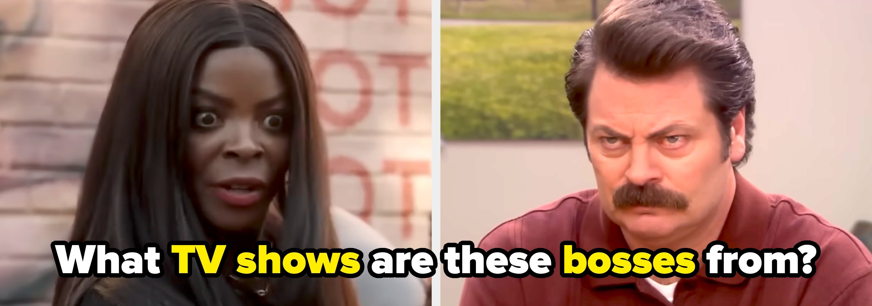 Two characters from TV shows making surprised and serious expressions with text asking about the shows they are from